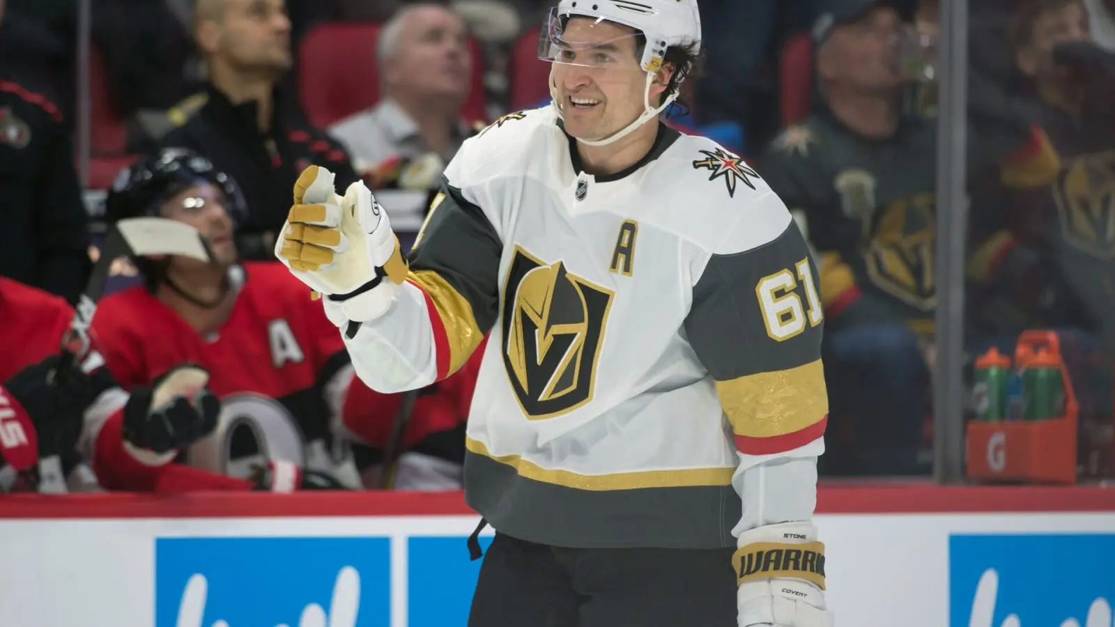 Vegas Golden Knights right wing Mark Stone celebrates after a goal