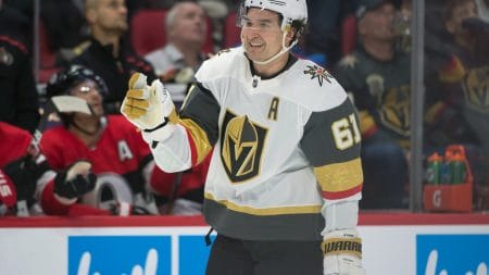 Vegas Golden Knights right wing Mark Stone celebrates after a goal