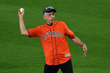 Jim McIngvale of Mattress Mack delivers the first pitch before game one of the 2017 ALDS playoff baseball series at Minute Maid Park