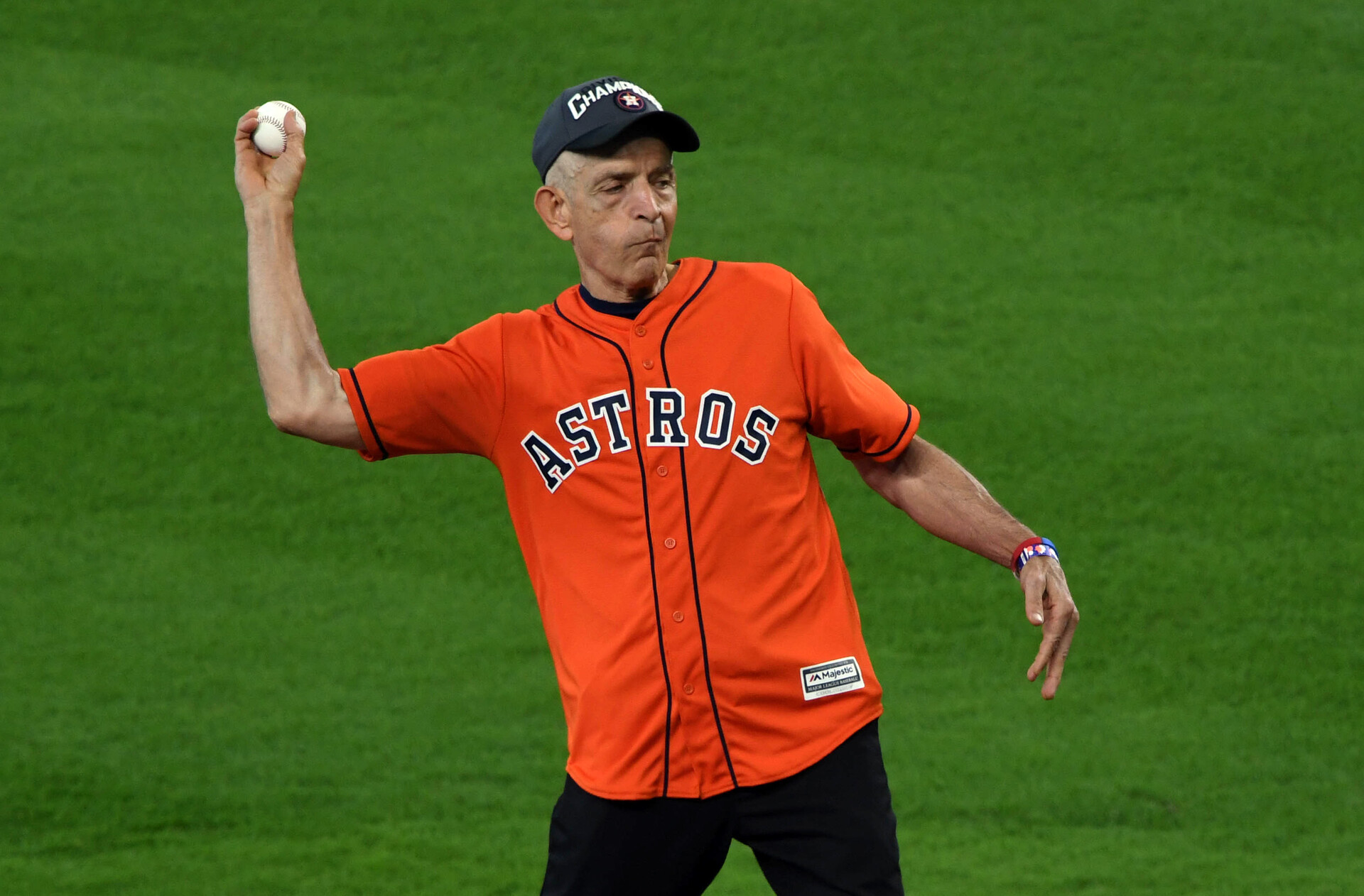 Jim McIngvale of Mattress Mack delivers the first pitch before game one of the 2017 ALDS playoff baseball series at Minute Maid Park