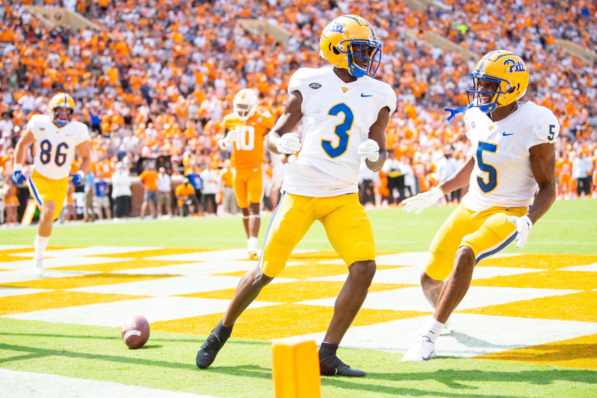University of Pittsburgh wide receivers Jordan Addison and Jared Wayne celebrate after Addison scores a touchdown