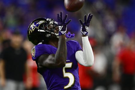 Baltimore Ravens wide receiver Marquise Brown raises his hands to catch a football