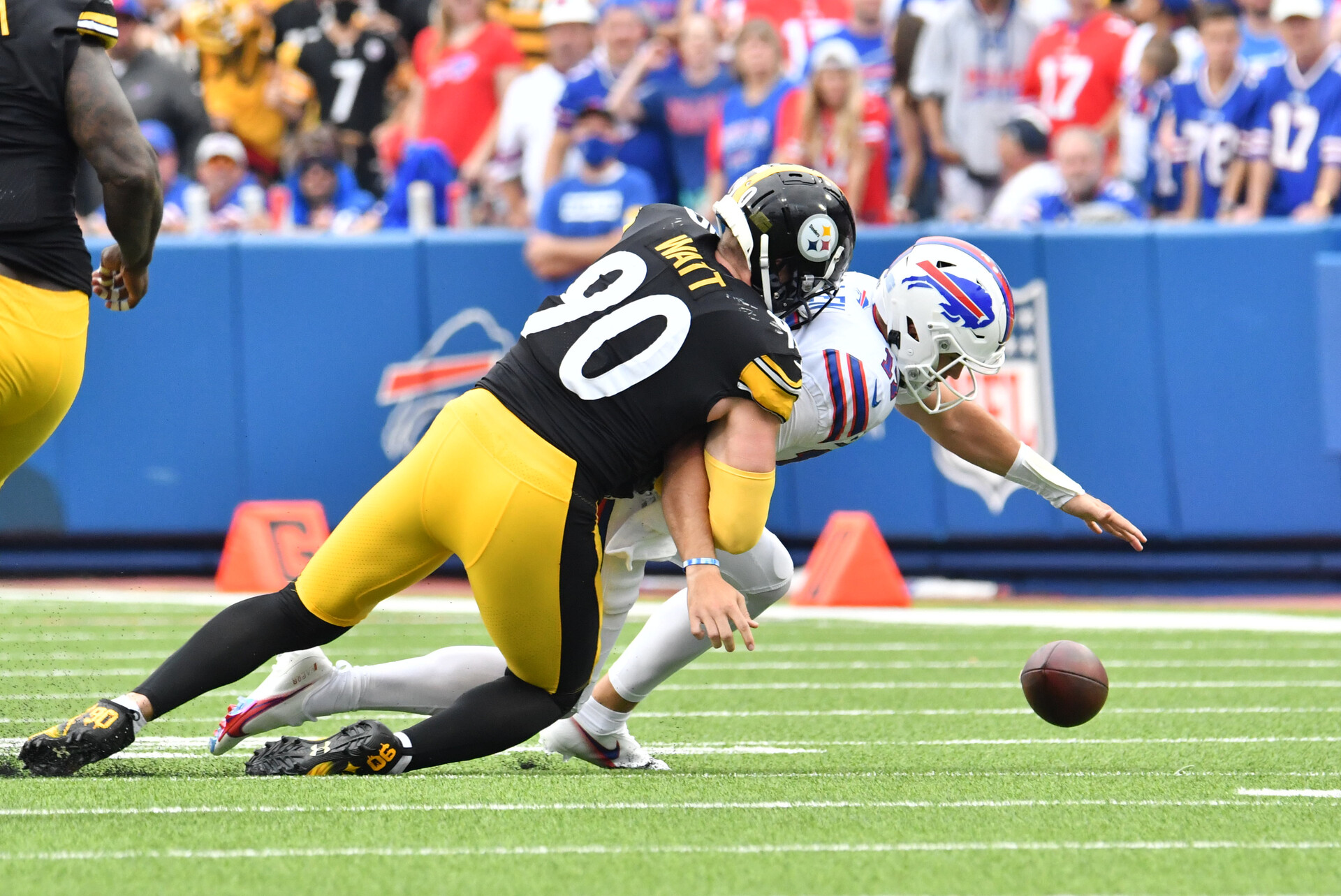 Pittsburgh Steelers linebacker T.J. Watt sacks Buffalo Bills quarterback Josh Allen