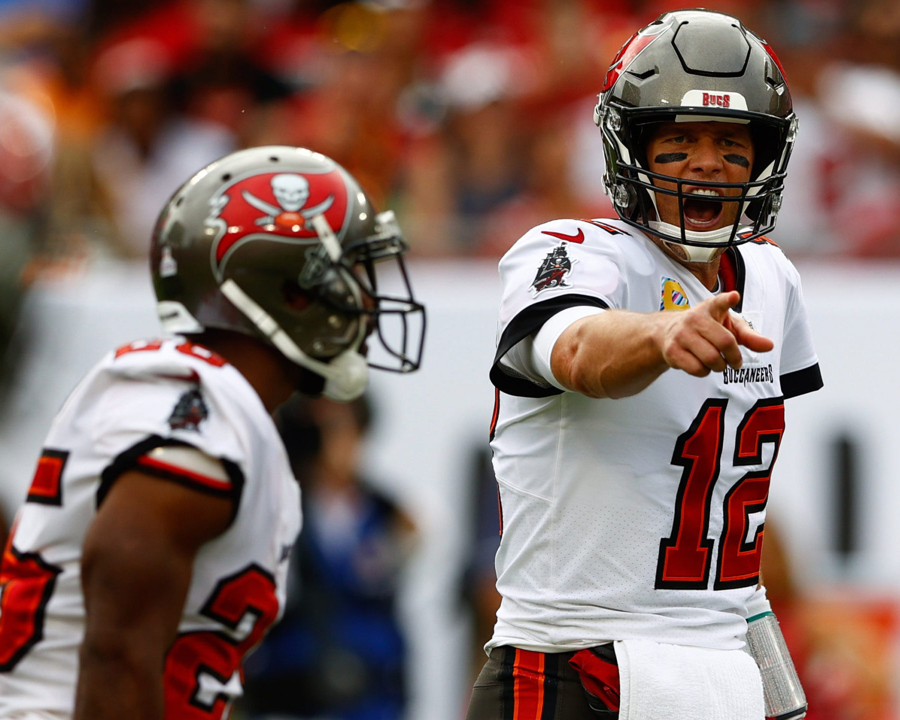 Tampa Bay Buccaneers quarterback Tom Brady (12) calls a play at the line in the first half against the Chicago Bears at Raymond James Stadium