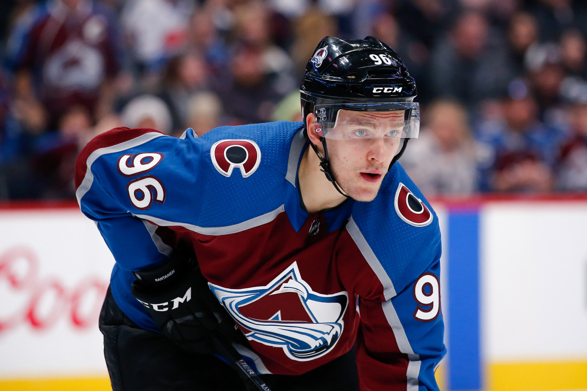 Colorado Avalanche right wing Mikko Rantanen prepares to take a face off in a game