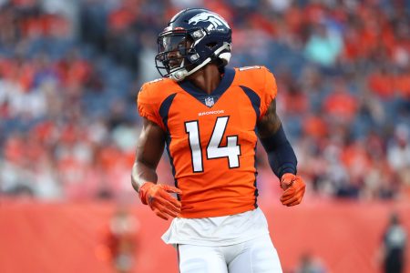 Courtland Sutton #14 of the Denver Broncos looks on at a 2021 home game.