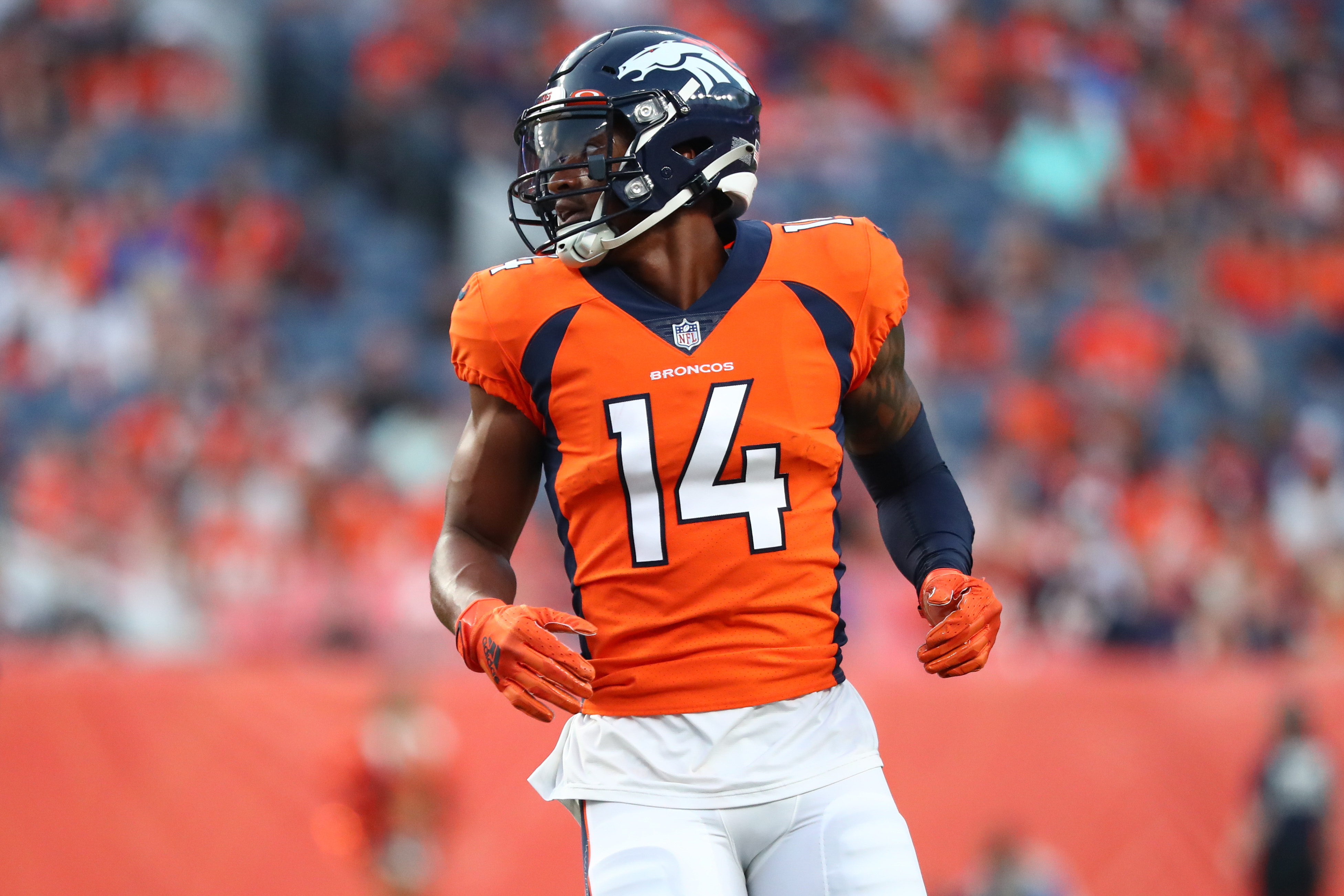 Courtland Sutton #14 of the Denver Broncos looks on at a 2021 home game.