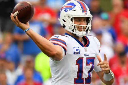 Buffalo Bills quarterback Josh Allen throws a pass downfield in a 2021 game.