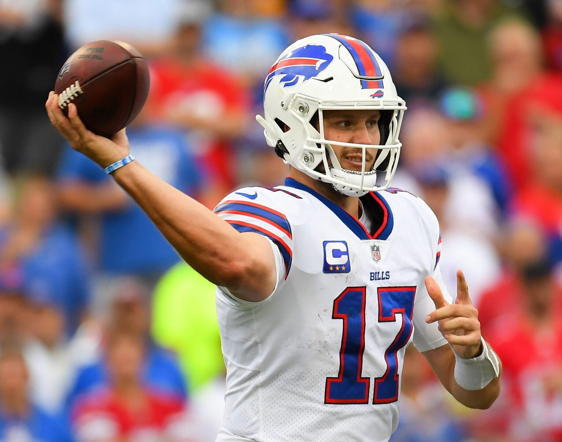 Buffalo Bills quarterback Josh Allen throws a pass downfield in a 2021 game.