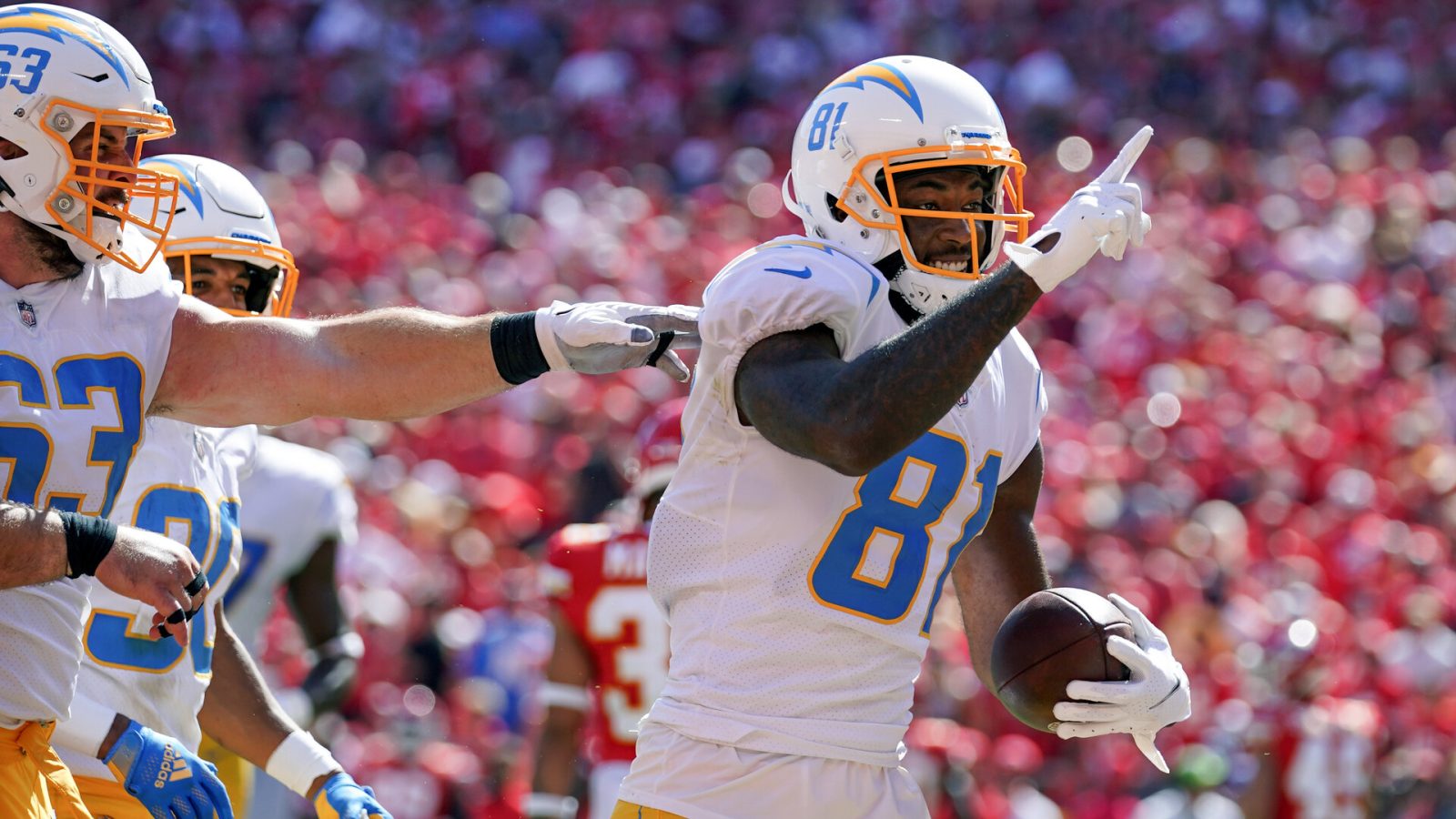 Mike Williams of the Los Angeles Chargers celebrates a touchdown against the Kansas City Chiefs in the 2021 season.