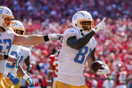 Mike Williams of the Los Angeles Chargers celebrates a touchdown against the Kansas City Chiefs in the 2021 season.