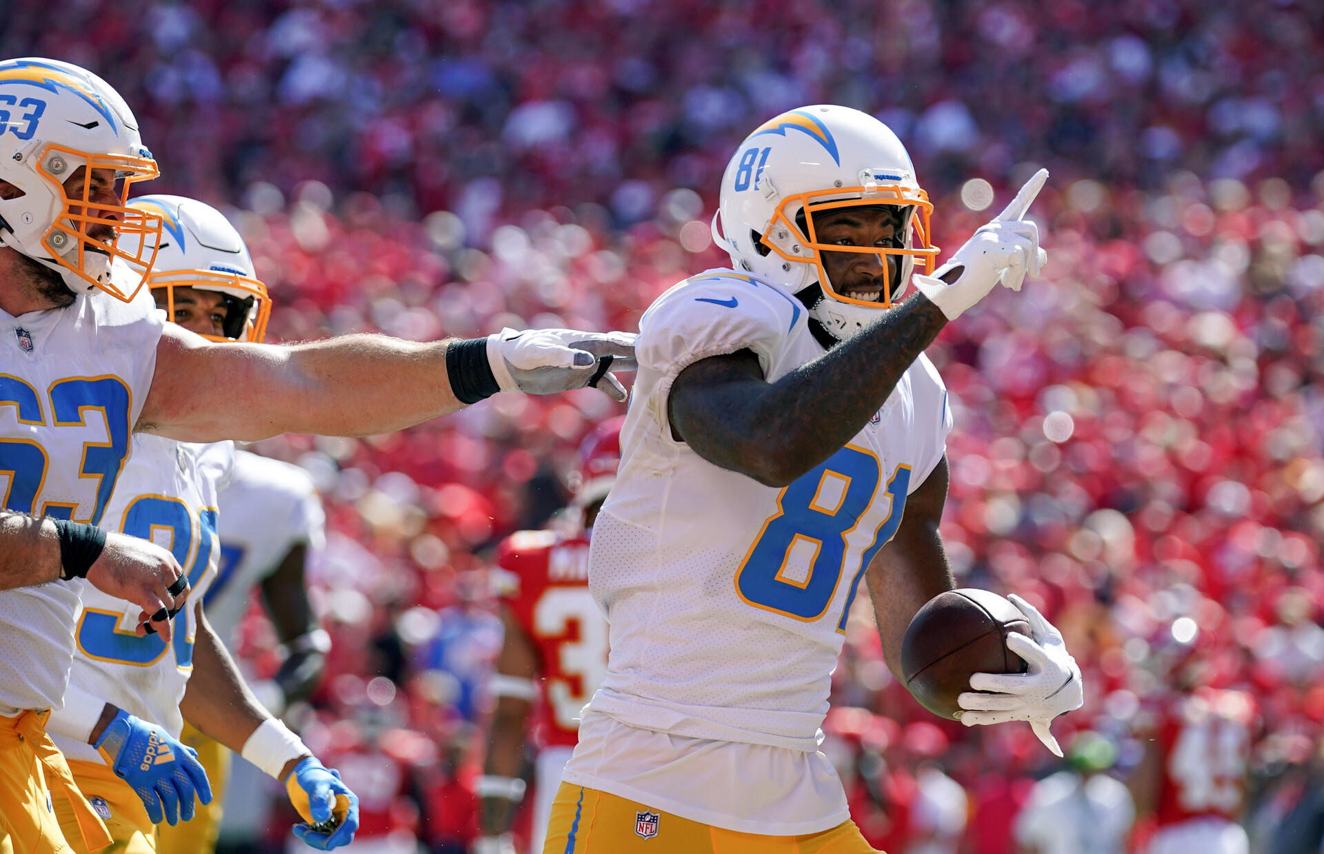 Mike Williams of the Los Angeles Chargers celebrates a touchdown against the Kansas City Chiefs in the 2021 season.