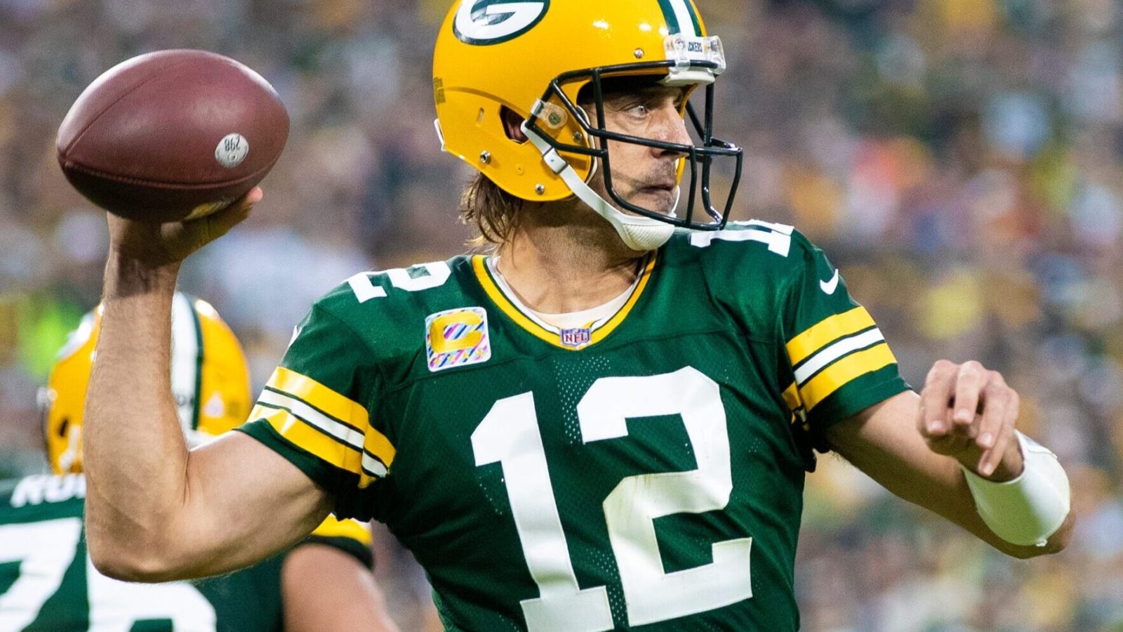 Green Bay Packers quarterback Aaron Rodgers uncorks a pass in an Oct. 4, 2021, game.