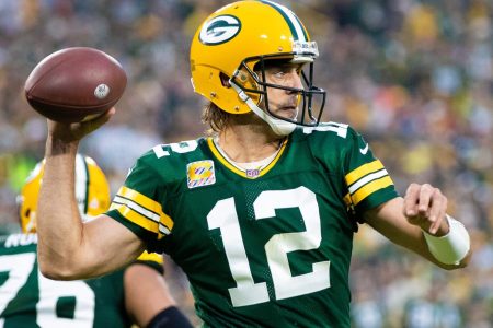 Green Bay Packers quarterback Aaron Rodgers uncorks a pass in an Oct. 4, 2021, game.