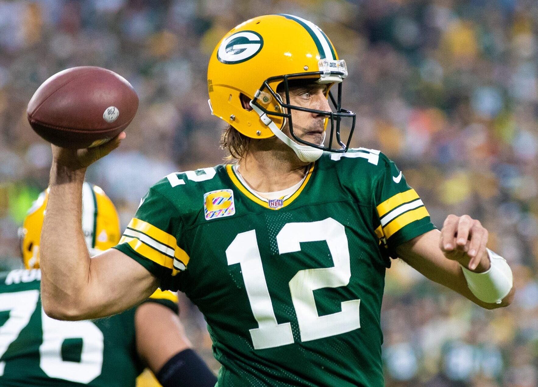 Green Bay Packers quarterback Aaron Rodgers uncorks a pass in an Oct. 4, 2021, game.