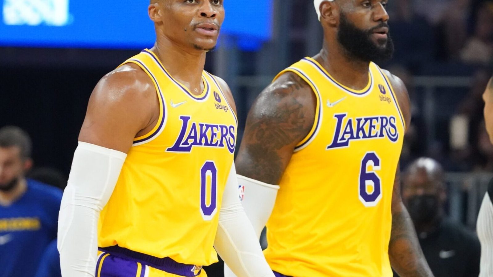 Los Angeles Lakers stars Russell Westbrook, left, and LeBron James during an October 2021 game.