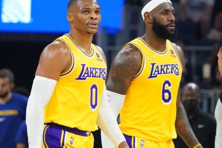 Los Angeles Lakers stars Russell Westbrook, left, and LeBron James during an October 2021 game.
