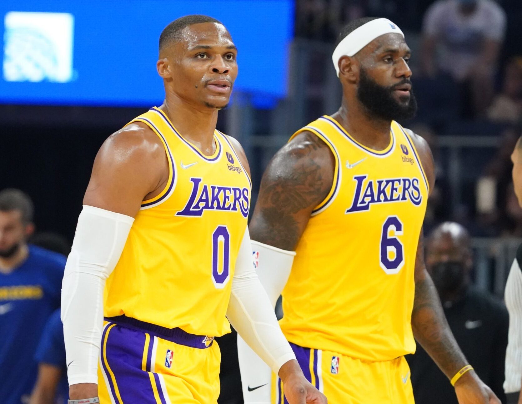 Los Angeles Lakers stars Russell Westbrook, left, and LeBron James during an October 2021 game.