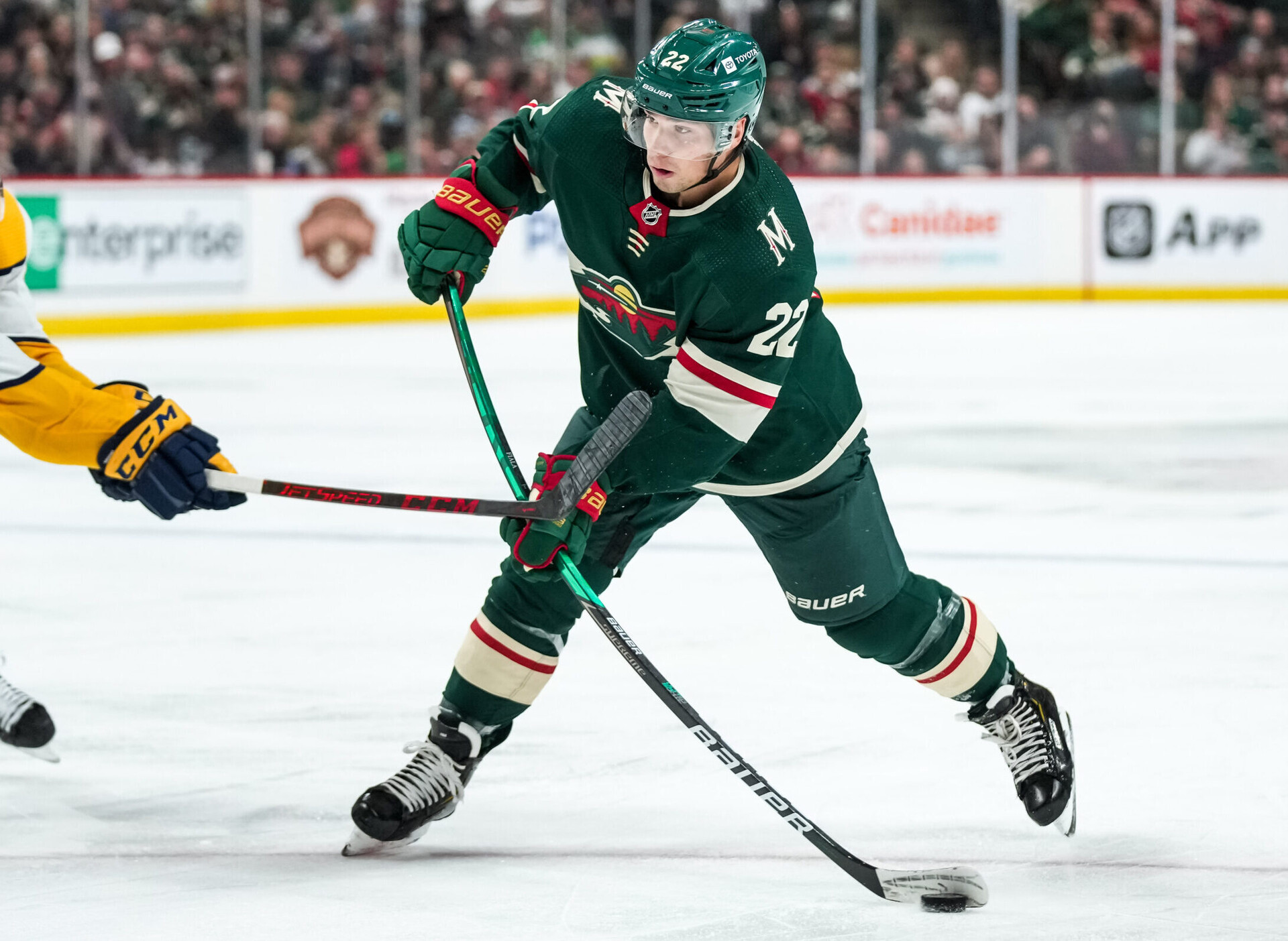 Minnesota Wild forward Kevin Fiala fires a shot during a game