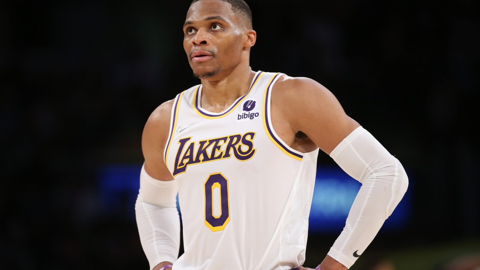 Los Angeles Lakers point guard #0 Russell Westbrook looks on at a Lakers home game in 2021.