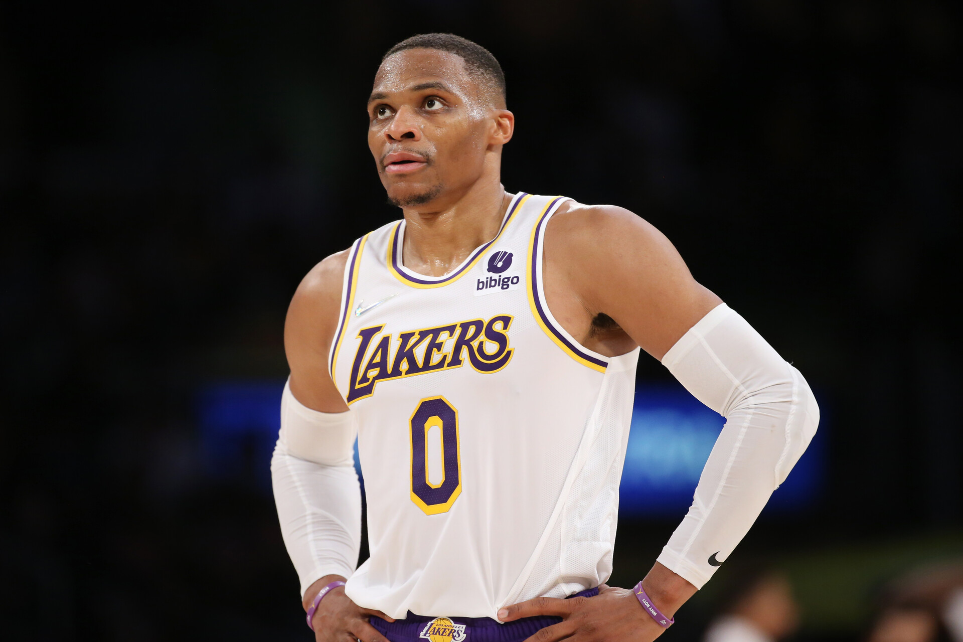Los Angeles Lakers point guard #0 Russell Westbrook looks on at a Lakers home game in 2021.