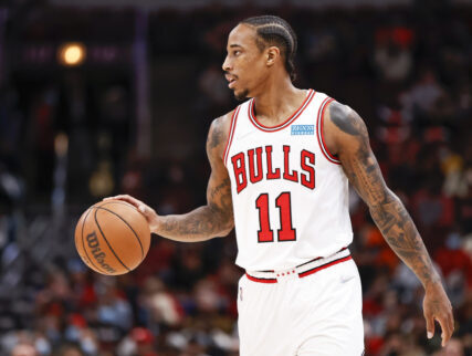 Chicago Bulls forward DeMar DeRozan brings the ball up court against the Philadelphia 76ers