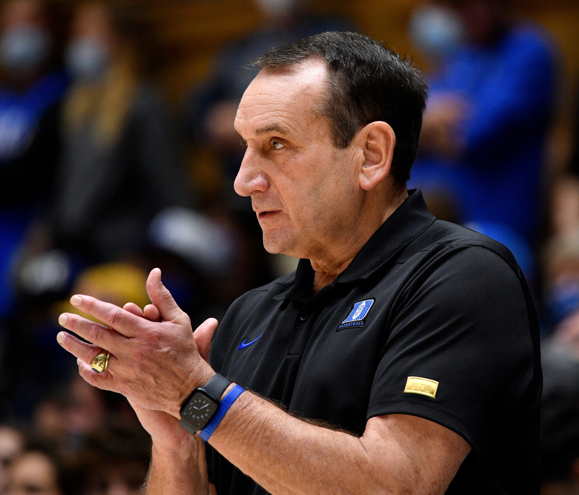 Head coach Mike Krzyzewski of the Duke Blue Devils looks on during their game against the Winston-Salem State Rams at Cameron Indoor Stadium on October 30, 2021 in Durham, North Carolina. Duke won 106-38.