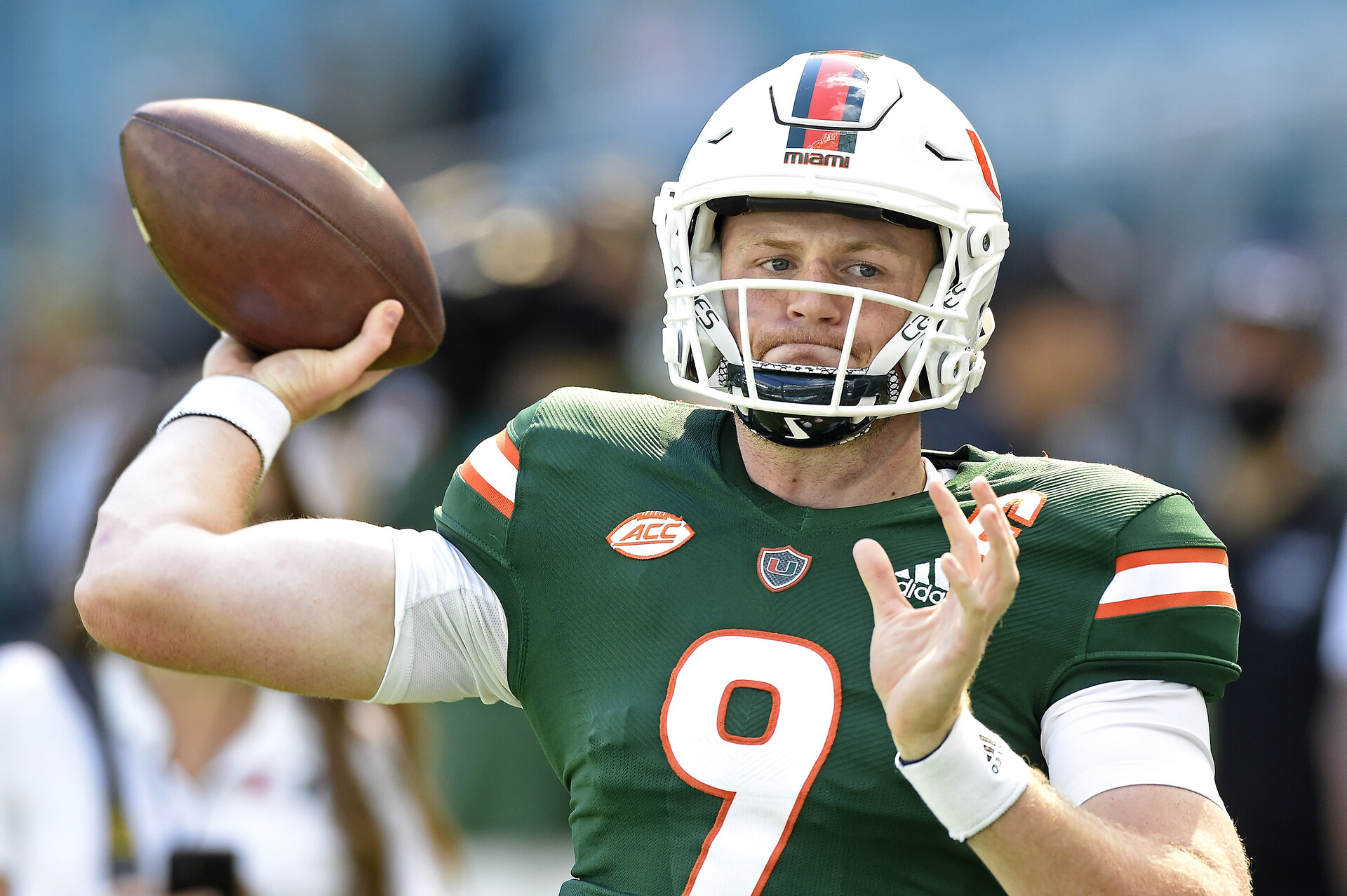 Miami quarterback Tyler Van Dyke (9) runs through drills prior to the game as the University of Miami Hurricanes faced the Georgia Tech Yellow Jackets on November 6, 2021, at Hard Rock Stadium in Miami Gardens, Florida.