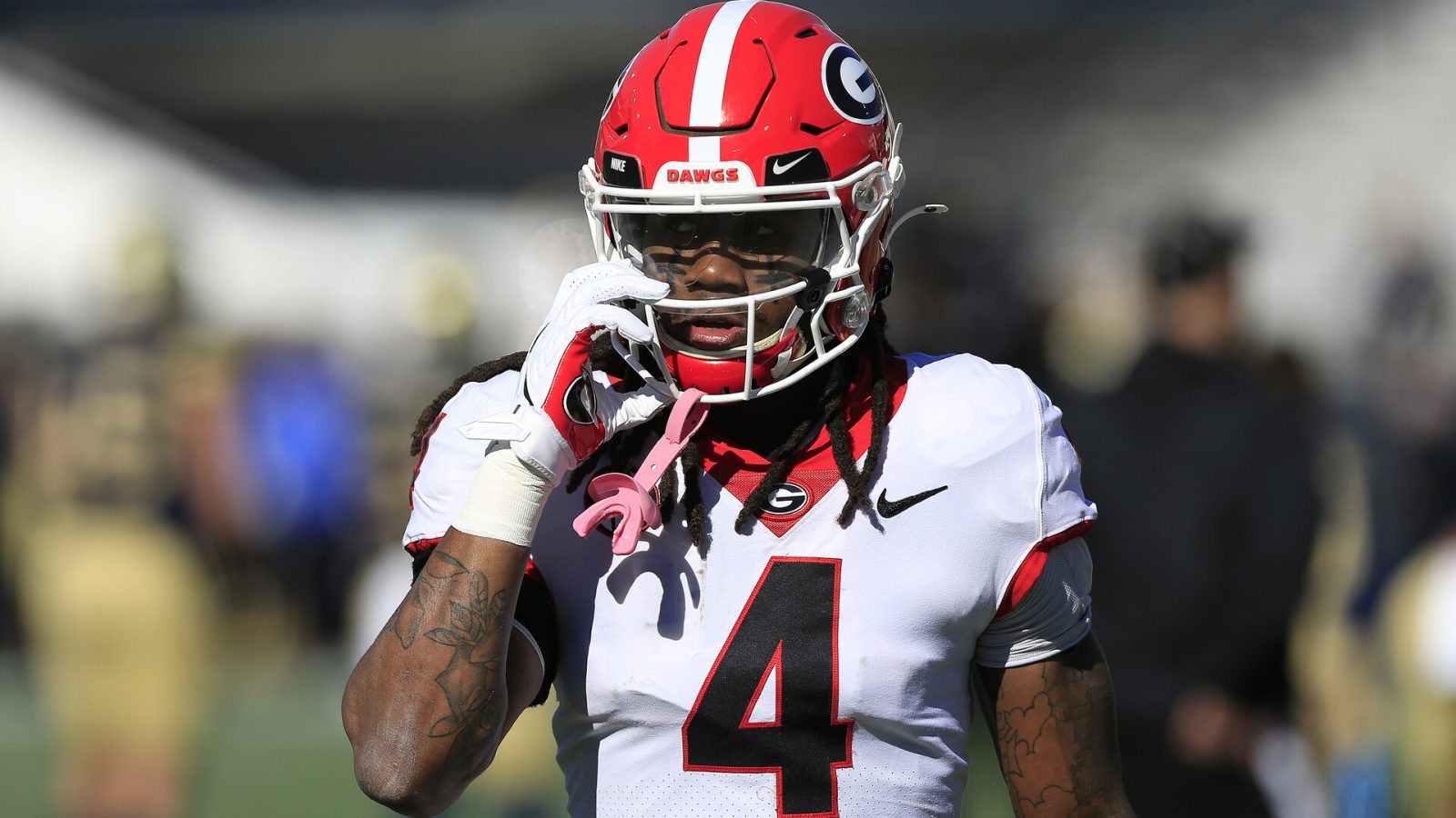 Running back James Cook #4 of the Georgia Bulldogs during the college football game between the Georgia Tech Yellow Jackets and the University of Georgia Bulldogs on November 27, 2021 at Bobby Dodd Stadium in Atlanta, GA