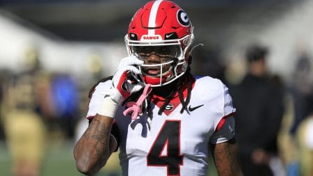 Running back James Cook #4 of the Georgia Bulldogs during the college football game between the Georgia Tech Yellow Jackets and the University of Georgia Bulldogs on November 27, 2021 at Bobby Dodd Stadium in Atlanta, GA