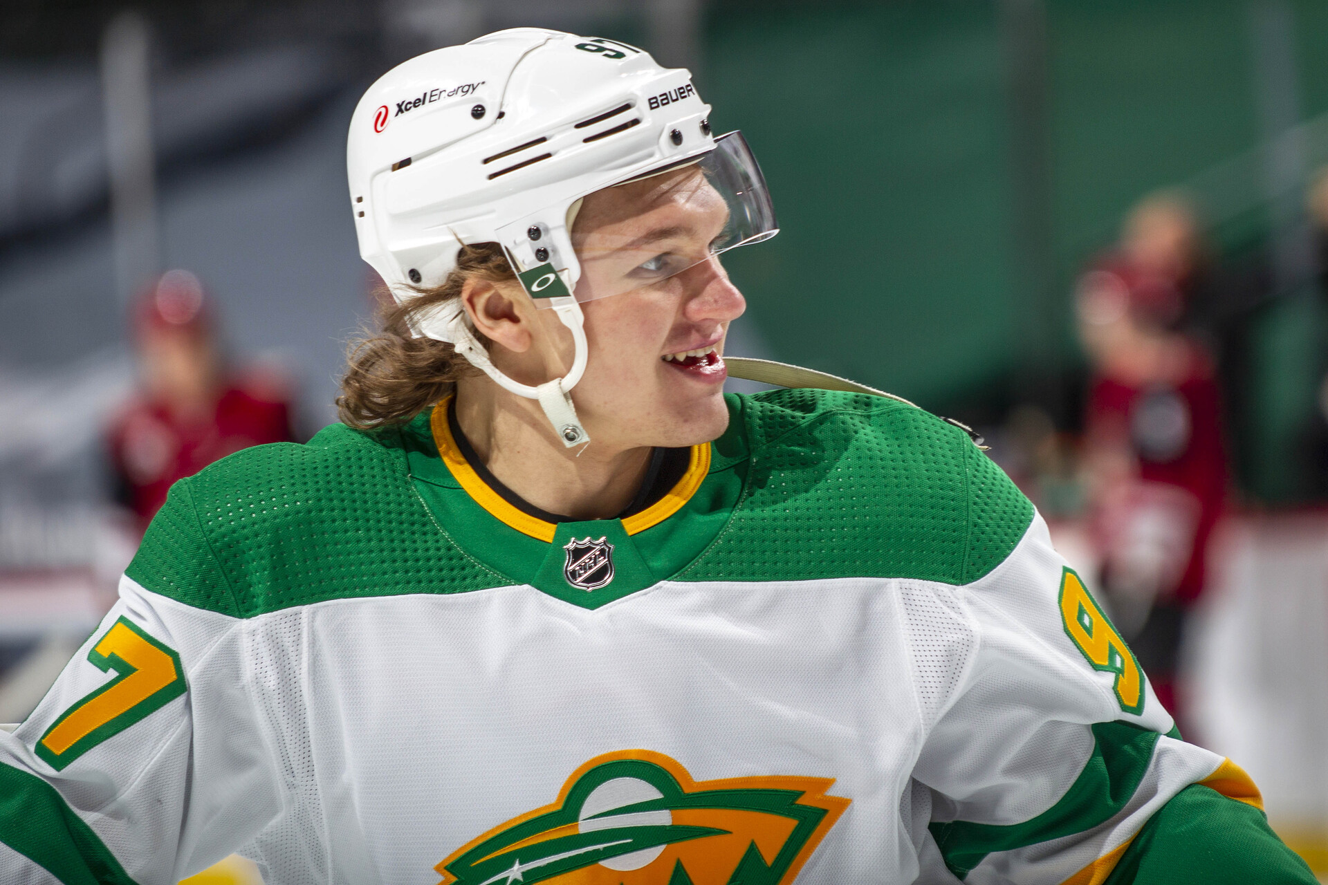 Minnesota Wild's Kirill Kaprizov smiles to his teammates.