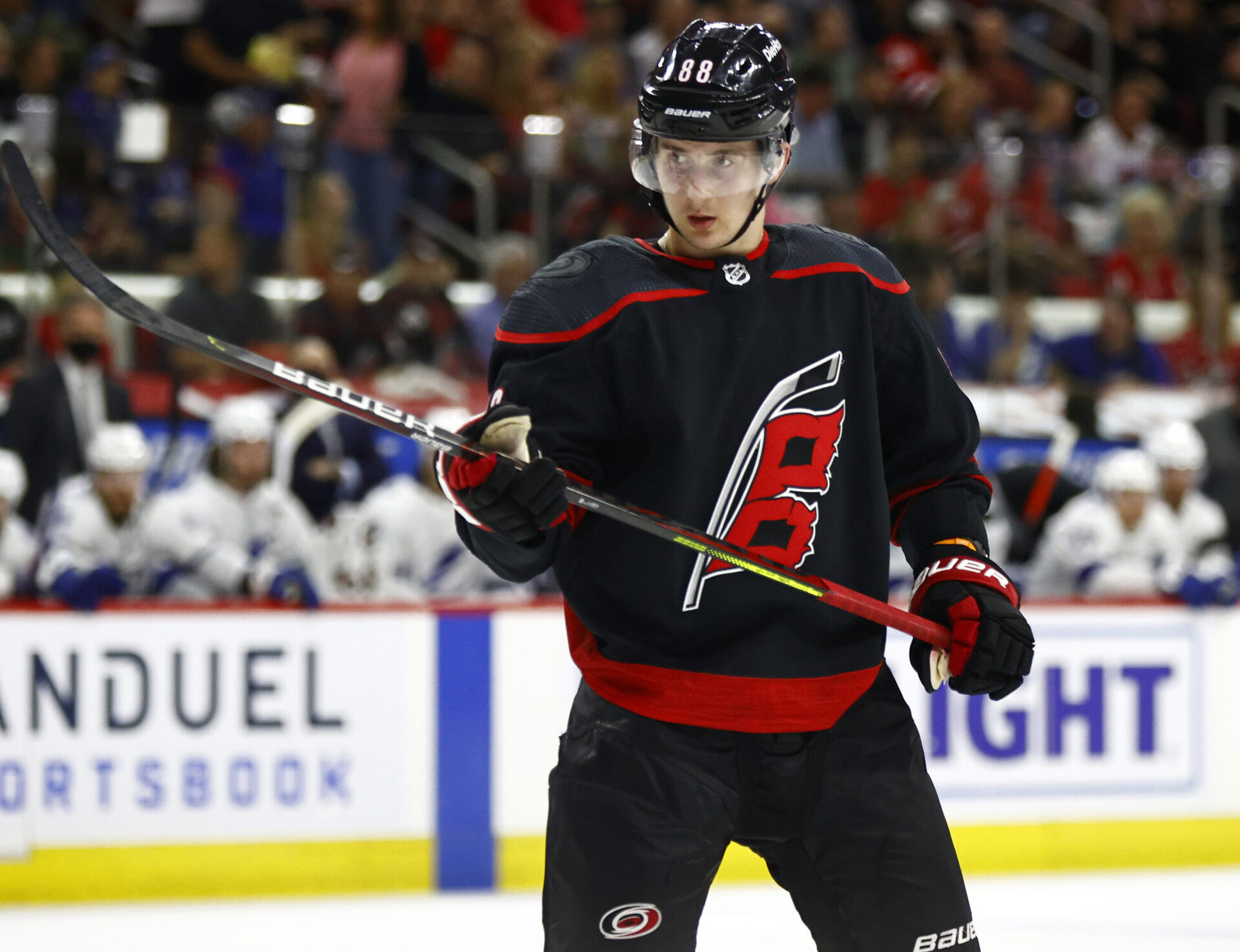 Martin Necas #88 of the Carolina Hurricanes looks on during the first period in Game Five of the Second Round of the 2021 Stanley Cup Playoffs against the Tampa Bay Lightning at PNC Arena on June 08, 2021 in Raleigh, North Carolina.