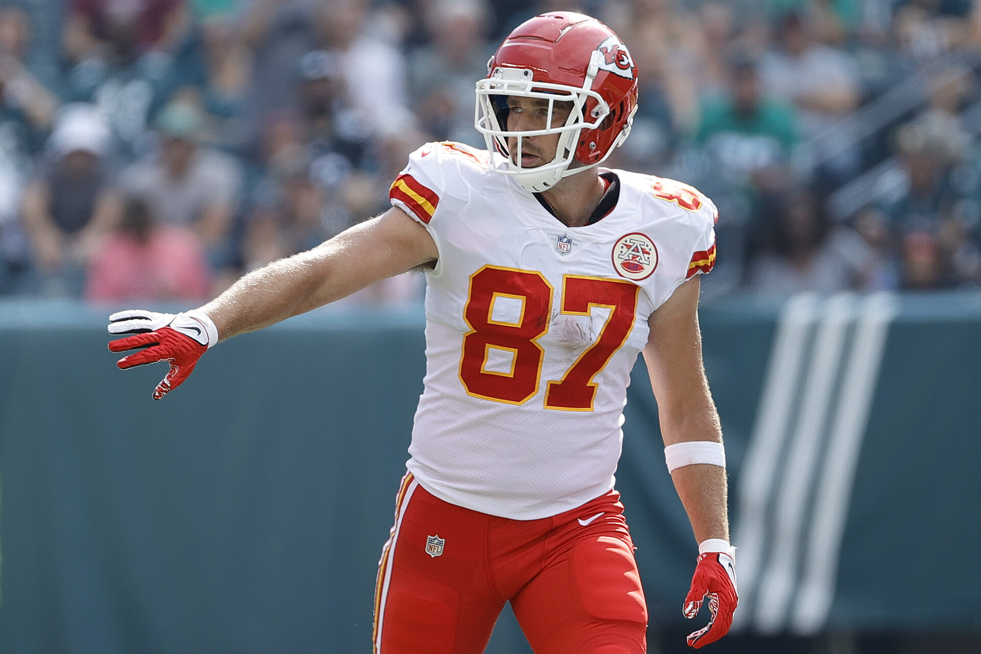 Kansas City Chiefs tight end #87 Travis Kelce lines up for a play during a 2021 road game.