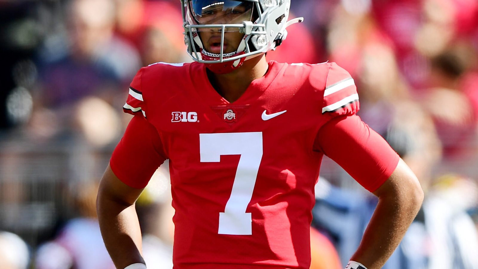 C.J. Stroud #7 of the Ohio State Buckeyes looks on during a game between the Maryland Terrapins and Ohio State Buckeyes at Ohio Stadium on October 09, 2021 in Columbus, Ohio.