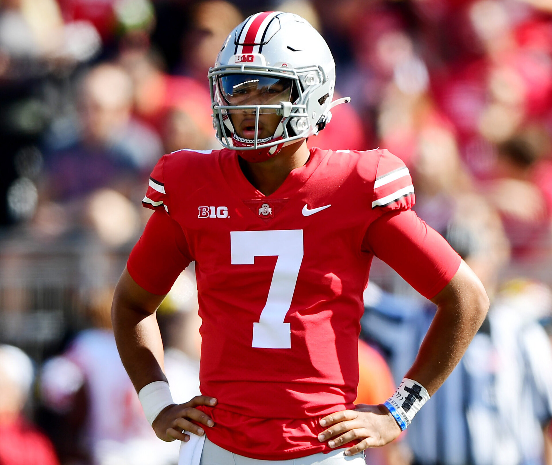 C.J. Stroud #7 of the Ohio State Buckeyes looks on during a game between the Maryland Terrapins and Ohio State Buckeyes at Ohio Stadium on October 09, 2021 in Columbus, Ohio.