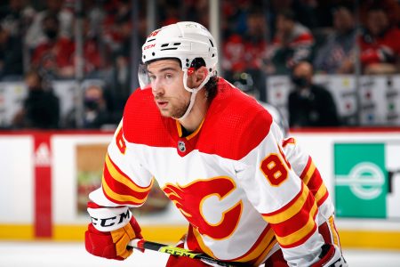 Andrew Mangiapane #88 of the Calgary Flames skates against the New Jersey Devils at the Prudential Center on October 26, 2021 in Newark, New Jersey.