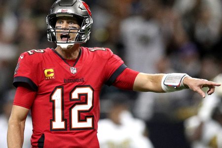 Tom Brady #12 of the Tampa Bay Buccaneers stands on the field during a NFL game against the New Orleans Saints at Caesars Superdome on October 31, 2021 in New Orleans, Louisiana.