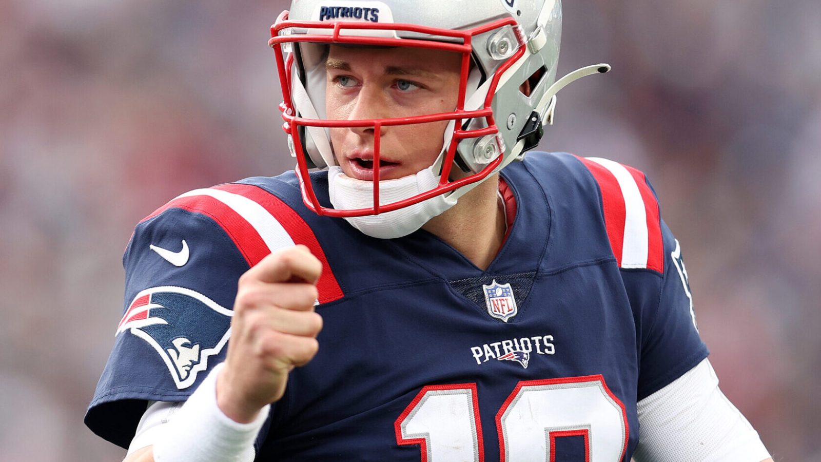 Mac Jones #10 of the New England Patriots celebrates the touchdown by Rhamondre Stevenson #38 against the Cleveland Browns during the third quarter at Gillette Stadium on November 14, 2021 in Foxborough, Massachusetts.