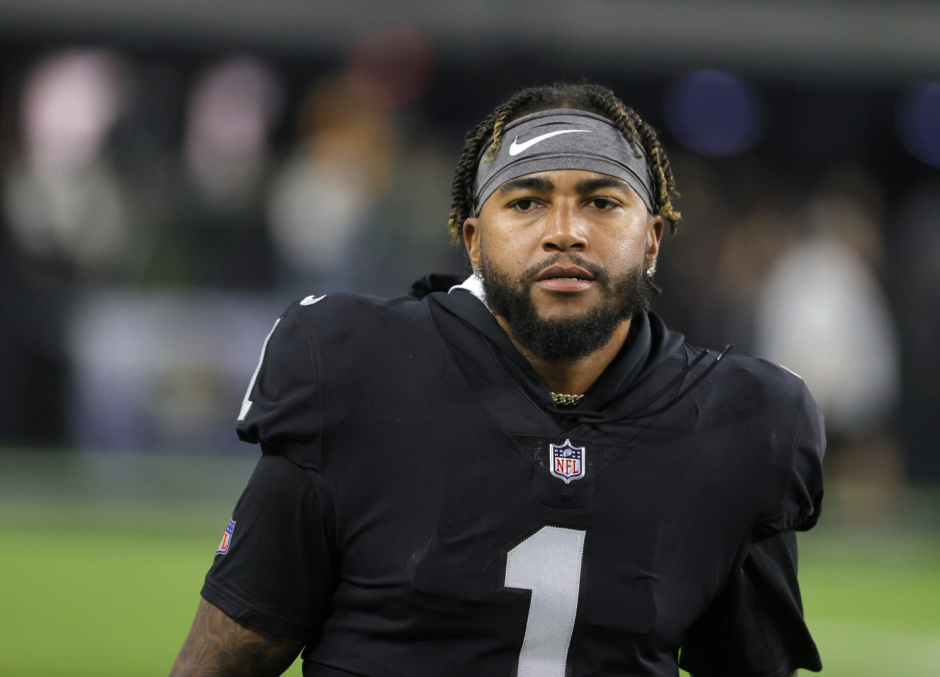 Wide receiver DeSean Jackson #1 of the Las Vegas Raiders warms up before a game against the Kansas City Chiefs at Allegiant Stadium on November 14, 2021 in Las Vegas, Nevada. The Chiefs defeated the Raiders 41-14.