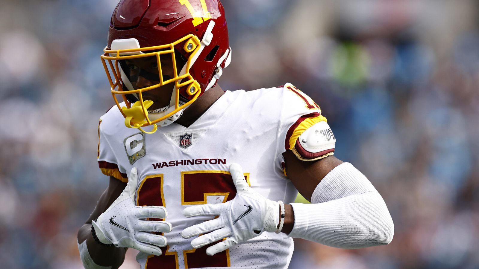 Terry McLaurin #17 of the Washington Football Team reacts following a play during the first half of their game against the Carolina Panthers at Bank of America Stadium on November 21, 2021 in Charlotte, North Carolina.