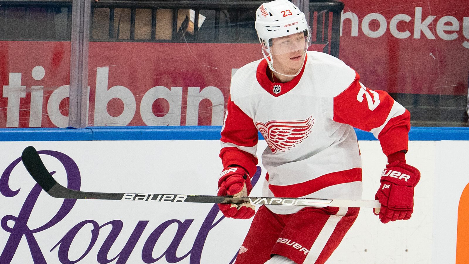 Detroit Red Wings right wing Lucas Raymond skates during the warmup against the Toronto Maple Leafs