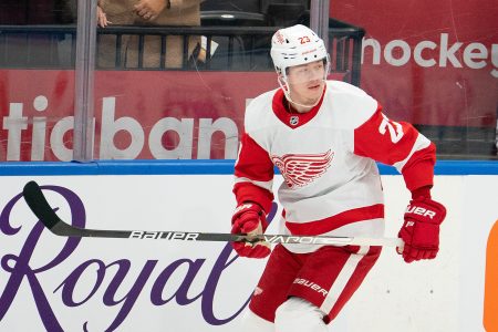 Detroit Red Wings right wing Lucas Raymond skates during the warmup against the Toronto Maple Leafs