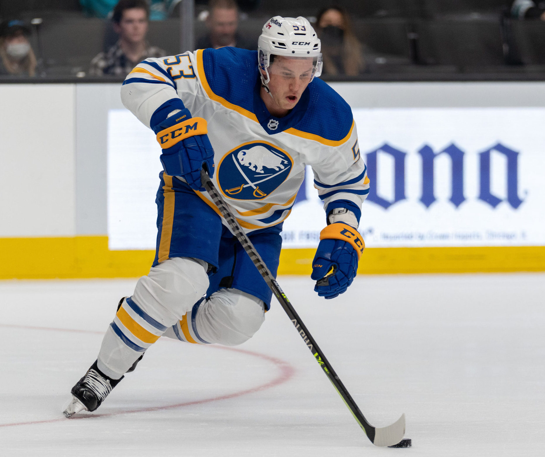 Buffalo Sabres left wing Jeff Skinner controls the puck against the San Jose Sharks