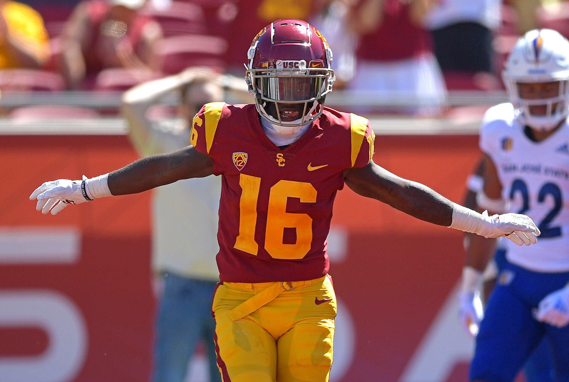 USC Trojans wide receiver Tahj Washington (16) celebrates after scoring a touchdown in the first half of the game against the San Jose State Spartans at United Airlines Field at Los Angeles Memorial Coliseum.