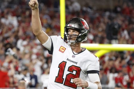 Tampa Bay Buccaneers quarterback Tom Brady (12) celebrates after a Buccaneers touchdown against the Dallas Cowboys
