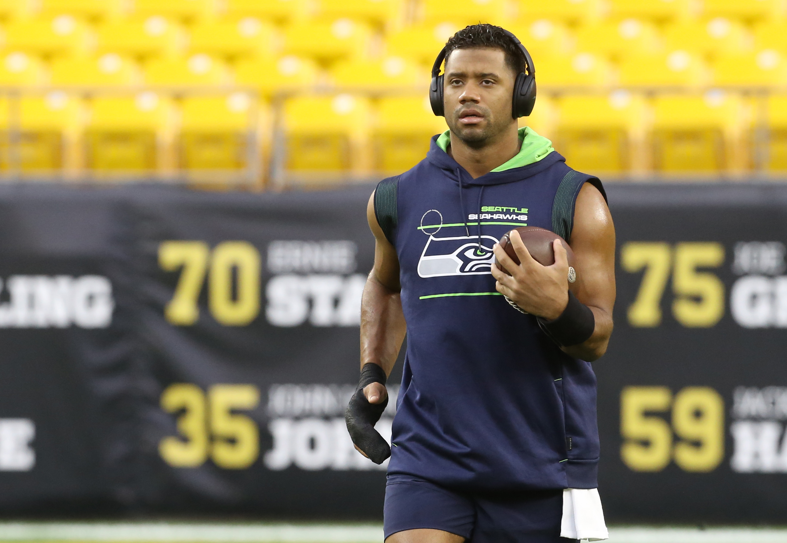Oct 17, 2021; Pittsburgh, Pennsylvania, USA; Seattle Seahawks quarterback Russell Wilson (3) walks the field before playing the Pittsburgh Steelers at Heinz Field