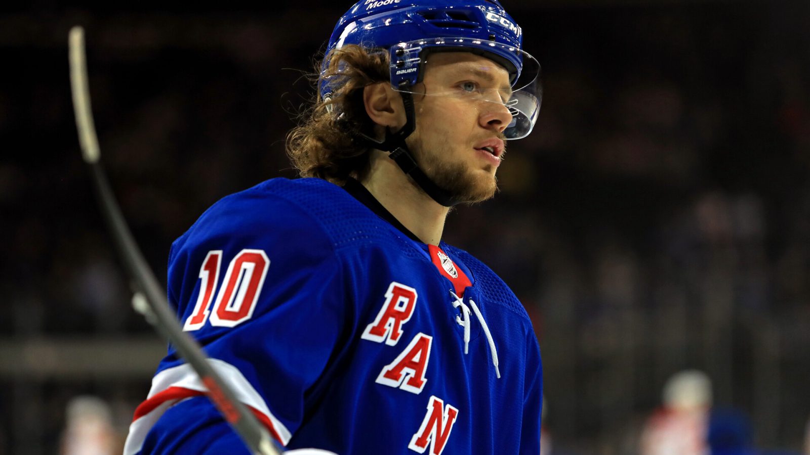 New York Rangers left wing Artemi Panarin (10) skates against the Calgary Flames during the first period at Madison Square Garden.