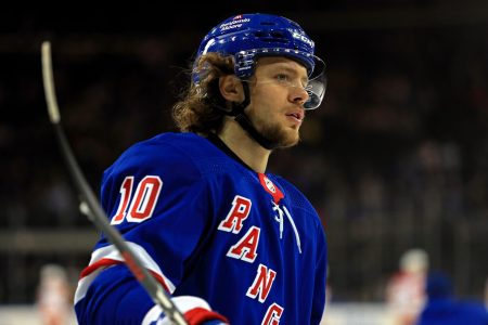 New York Rangers left wing Artemi Panarin (10) skates against the Calgary Flames during the first period at Madison Square Garden.