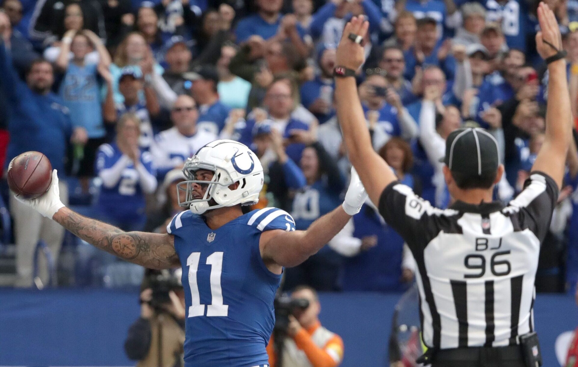 Indianapolis Colts wide receiver Michael Pittman celebrates a touchdown reception against the Tennessee Titans