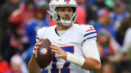 Best Week 9 Prop Bets: Buffalo Bills QB Josh Allen looks downfield in a 2021 road game.